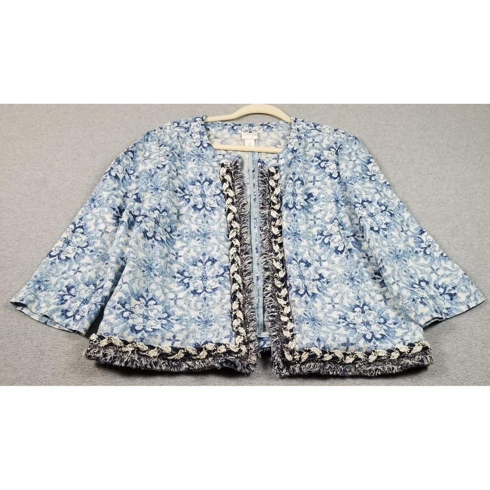 Chico's Linen Jacket Womens 2 Large Blue White Floral Damask Fringe Open‎ Front
